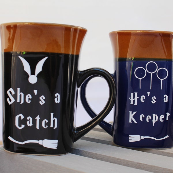 His and Hers Harry Potter  Mug Set - Quidditch pun, large square mug