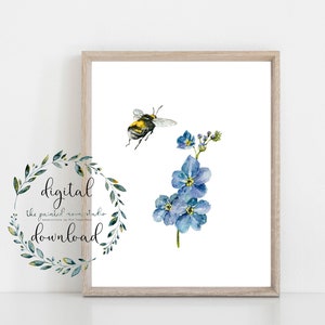 watercolor bumble bee and blue floral forget-me-not digital wall art print