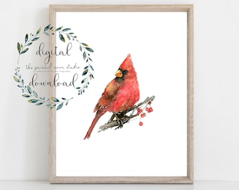 red male cardinal printable, watercolour art print, instant digital download bird painting