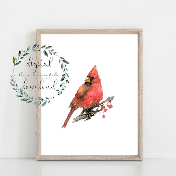 red male cardinal printable, watercolour art print, instant digital download bird painting