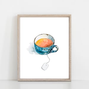 blue teacup watercolor art print, kitchen illustration, cafe decor