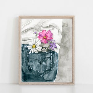blue jeans and flowers watercolour art print