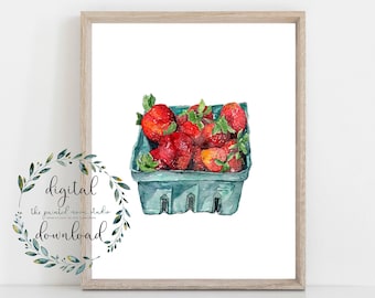 watercolor strawberries, printable wall art, 8 x 10 fruit art print, instant digital download