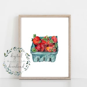 watercolor strawberries, printable wall art, 8 x 10 fruit art print, instant digital download