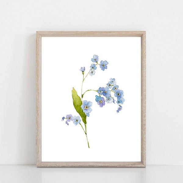 Impression d’art floral Forget-Me-Nots, art mural à l’aquarelle, décor d’art de chambre à coucher, impression de fleurs bleues