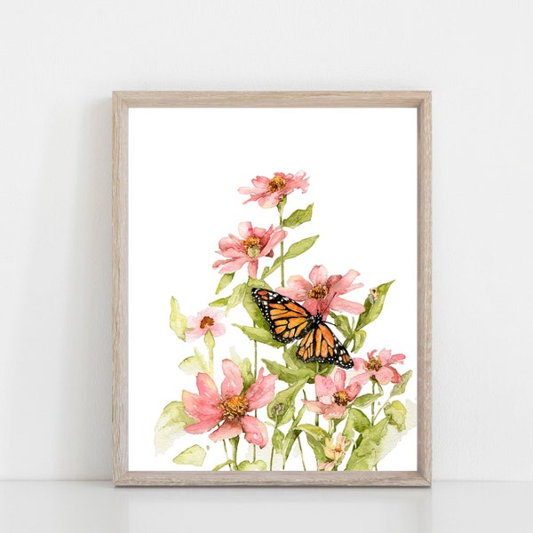 Monarch Butterfly and Pink Floral Watercolor Art Print