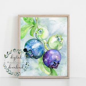 watercolor blueberries, printable wall art, 8 x 10 art print, instant digital download fruit art, blue home decor, printable watercolor art