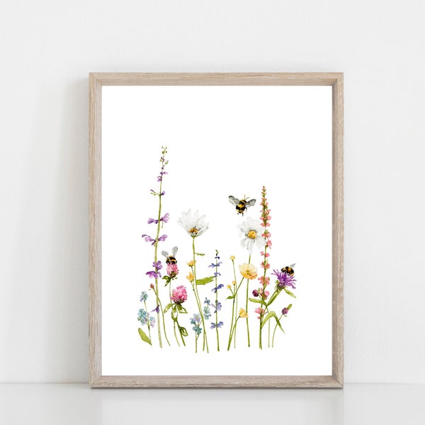 Wildflowers and Bumble Bees Watercolor Art Print