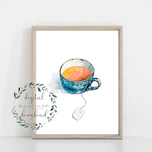 Blaue Teetasse Aquarell Kunstdruck, Küche Illustration, Café Dekor Wandkunst, sofortiger digitaler Download, PDF Kunstdruck