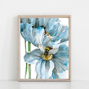 blue poppies and bumble bee wall art print