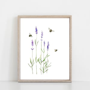 lavender and bumble bees floral watercolor art print