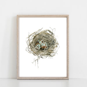 bird nest watercolor art print, nature painting wall art