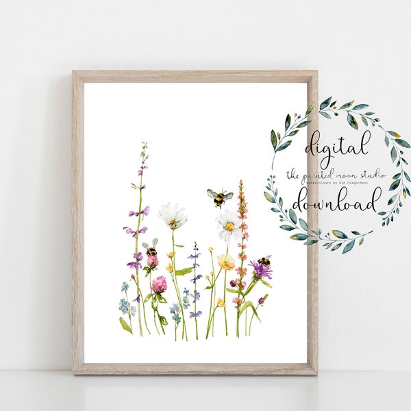 Wildflowers and Bumble Bees Watercolor printable wall art