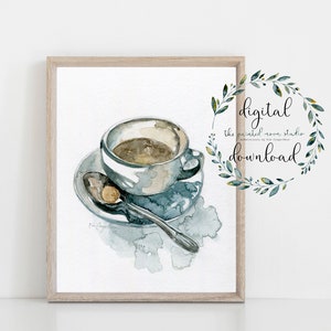 blue coffee cup watercolor art print digital download