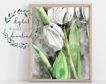 white tulips watercolor, printable wall art, 8 x 10 art print, instant digital download floral art