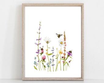 Wildflowers and Bumble Bees Watercolor Art Print