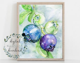 watercolor blueberries, printable wall art, 8 x 10 art print, instant digital download fruit art, blue home decor, printable watercolor art