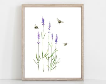 lavender and bumble bees floral watercolor art print