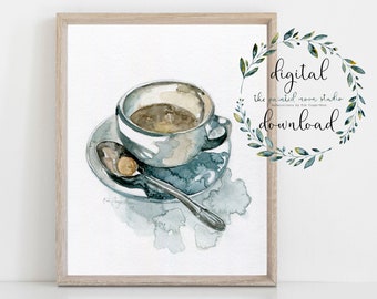 blue coffee cup watercolor art print digital download