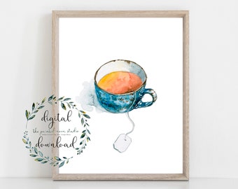 Lámina artística imprimible de acuarela con taza de té azul, ilustración de cocina, arte mural descargable para decoración de cafetería, descarga digital instantánea, lámina artística en PDF.