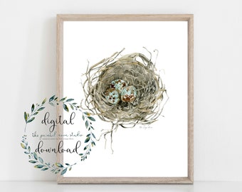 bird nest art print, 8 x 10 printable art, instant digital download bird art, printable watercolor art