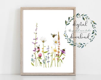 Wildflowers and Bumble Bees Watercolor printable wall art