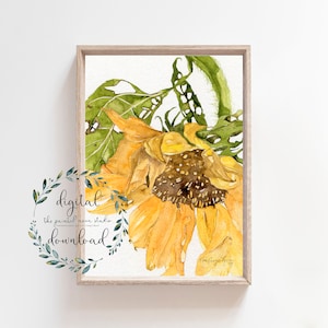 sunflower watercolor, printable wall art, 8 x 10 art print, instant digital download floral art, autumn printable decor, watercolor art