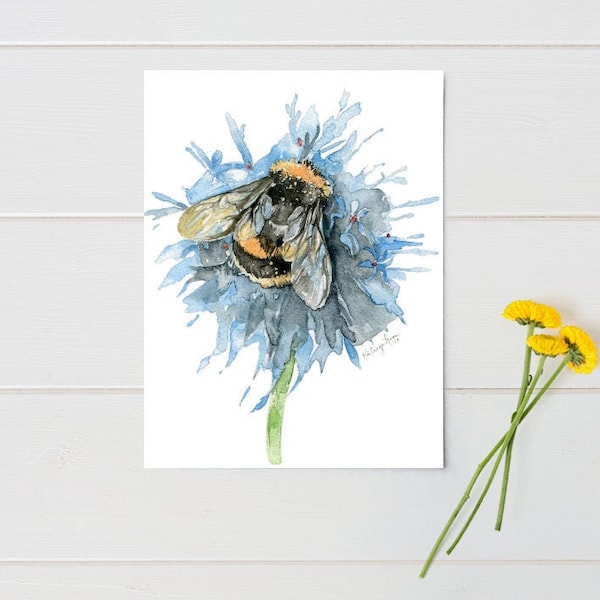bumble bee and flower watercolor art print