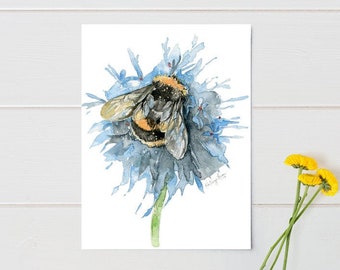 bumble bee and flower watercolor art print