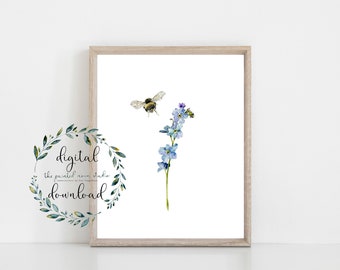 watercolor bumble bee and blue floral forget-me-not printable wall art