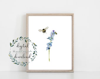 May include: A watercolor painting of a bee flying towards a stem of blue forget-me-not flowers. The painting is on a white background.