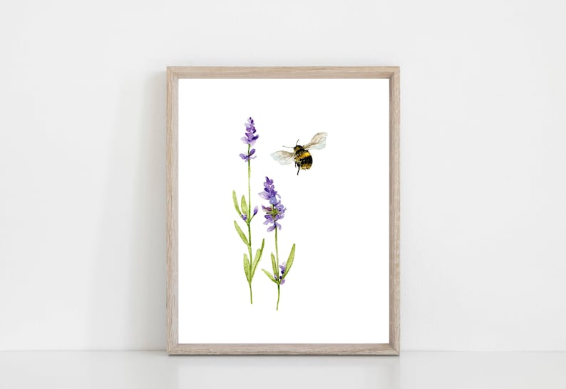 Lavender and Bee Watercolor Art Print image 1