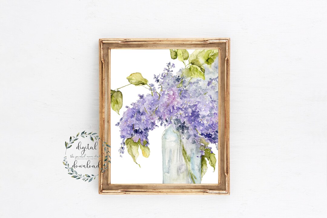 Purple Lilacs in a Glass Vase Watercolor Digital Download Wall Art - Etsy