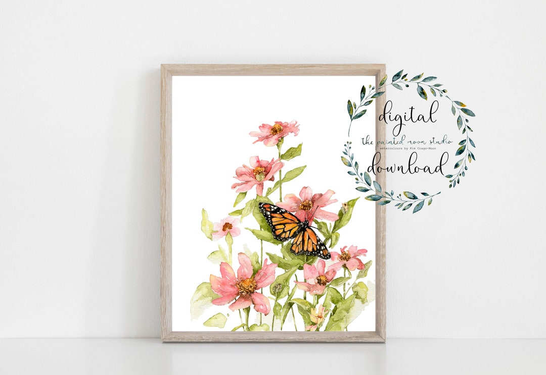Watercolor Monarch Butterfly and Floral Printable Watercolor Art - Etsy