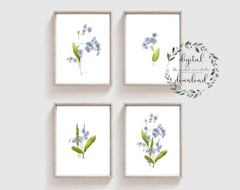 Aquarell blau Vergissmeinnicht Blumen digitaler Download Kunstdruck Set