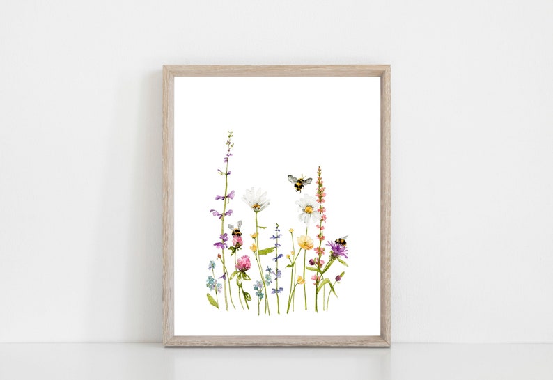 Wildflowers and Bumble Bees Watercolor Art Print image 1