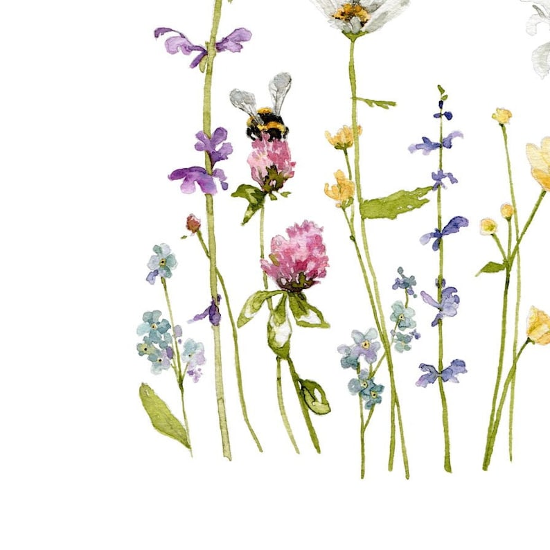 Wildflowers and Bumble Bees Watercolor Art Print image 2