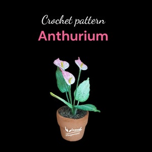 May include: Crochet pattern for an Anthurium plant. The plant is pink and white with green leaves and is in a brown pot. The pot has the text "made by hugorama" on it.