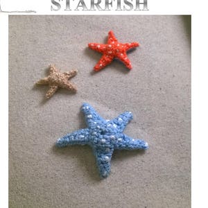 May include: Three crocheted starfish on a sandy background. The starfish are orange, blue, and beige with white dots. The image includes the text "Amigurumi Pattern Starfish By Vinamigurumi".