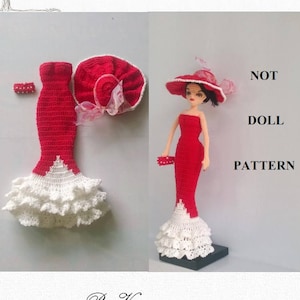 Op de afbeelding: Haakpatroon voor een rode jurk en hoed. Het patroon is voor een pop, maar niet de pop zelf. Het patroon is van Vinamigurumi.