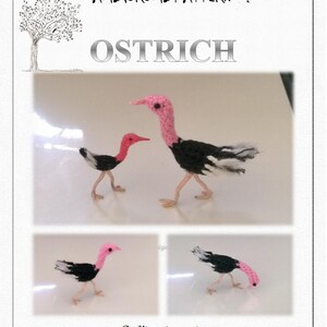 May include: Amigurumi pattern for crocheting an ostrich. The pattern includes instructions for making a small and a large ostrich. The ostriches are pink and black with white feathers.