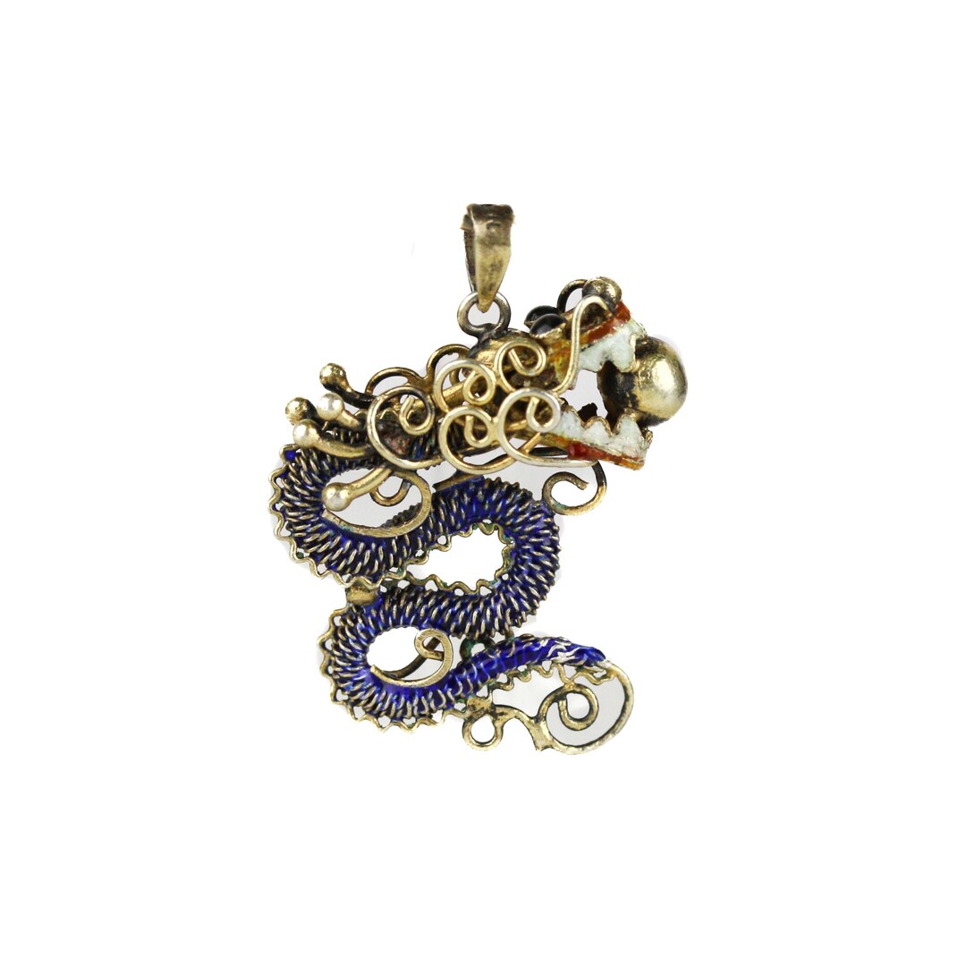 Pendentif Chevalière émaillé Vintage - Dragon Argenté