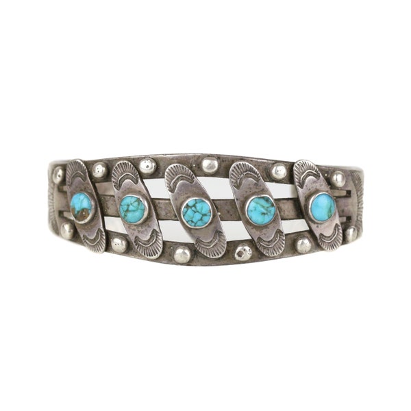 Early Fred Harvey Era Navajo Coin Silver & Turquoise Cuff Bracelet