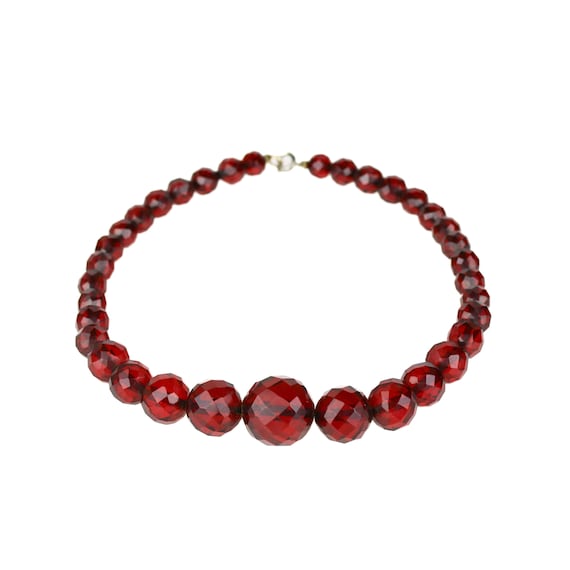 Vintage Art Deco Round Faceted Cherry Amber Bakelite Bead Necklace - Main Image