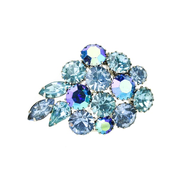 Vintage Signed KARU Blue AB Rhinestone Brooch