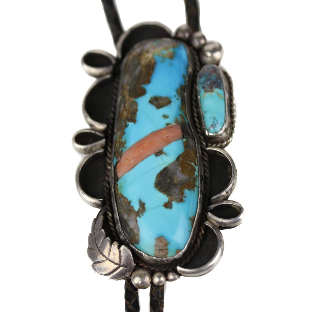 Huge Old Vintage Navajo Sterling Silver Turquoise Coral Inlay Bolo Tie ...