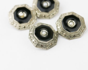 Boutons De Manchettes Anciens Art Déco émaillés Argenté Bleu Et Noir – Marque Murat, état Occasion Très Propre
