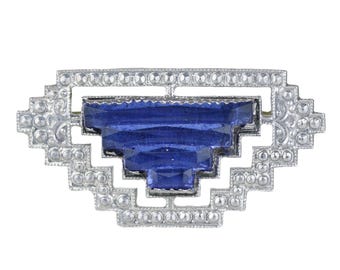Antique Czech Art Deco Blue Stepped Glass Brooch