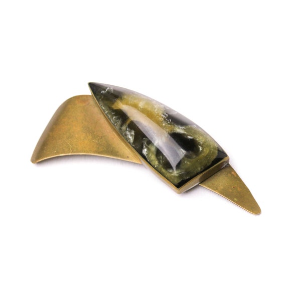 Vintage Modernist Brass & Resin Boomerang Brooch