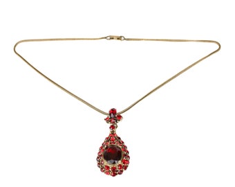 Vintage Unsigned Red Rhinestone Pendant Necklace